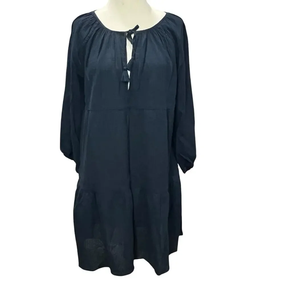 J Crew Beach Tunic‎ Dress Womens S Blue Crinkle Cotton Tiered Cover Up Coastal